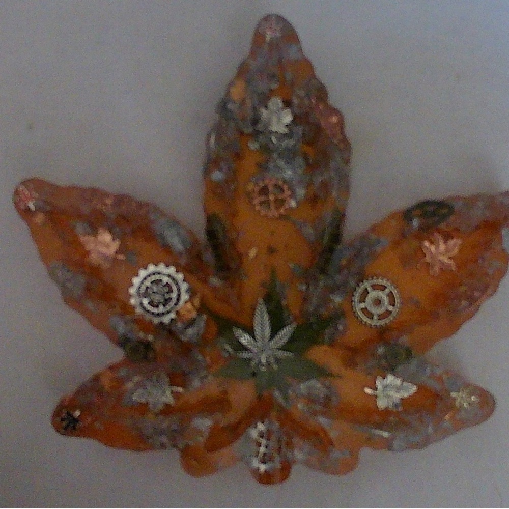 Orange Metal Leaf Wall Art with Decorative Accents